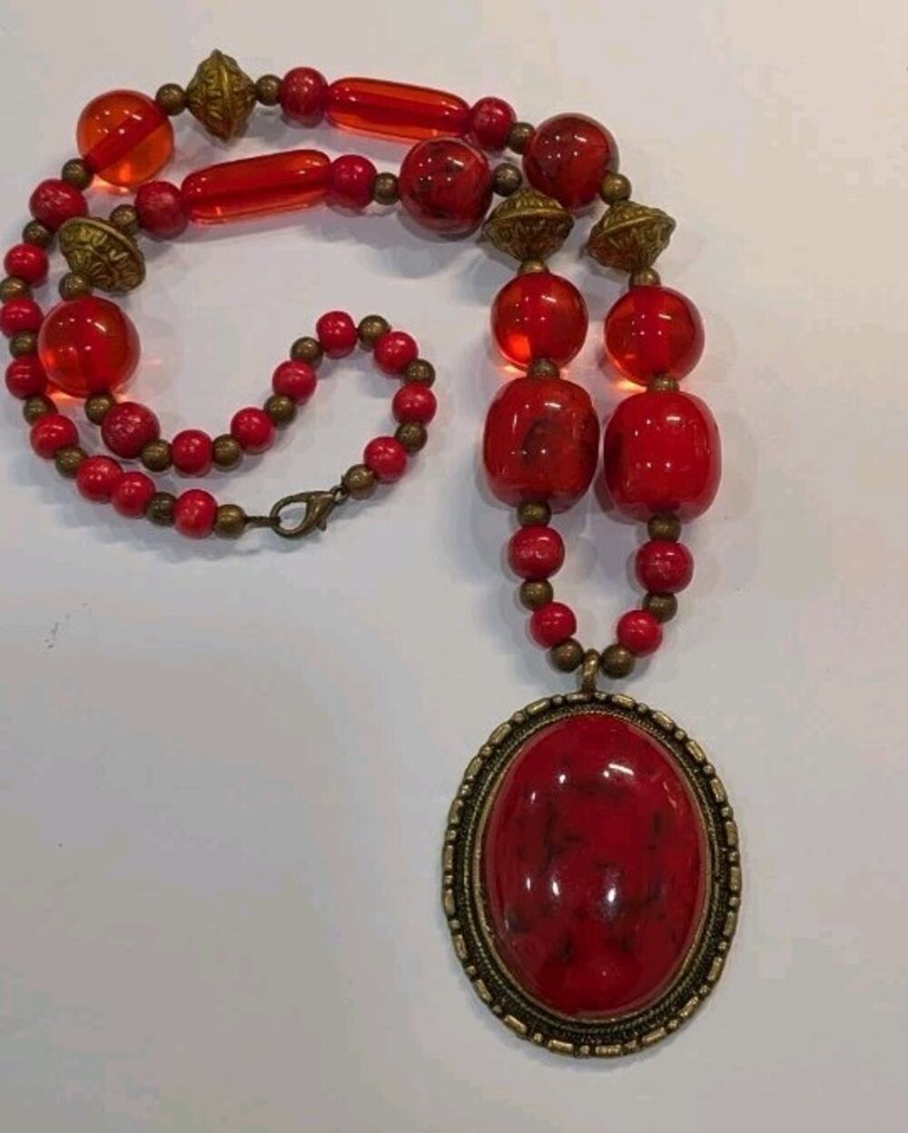 Vintage Red Chunky Beaded Statement Artsy Necklace Ornate Brass Oval Pendant 24"